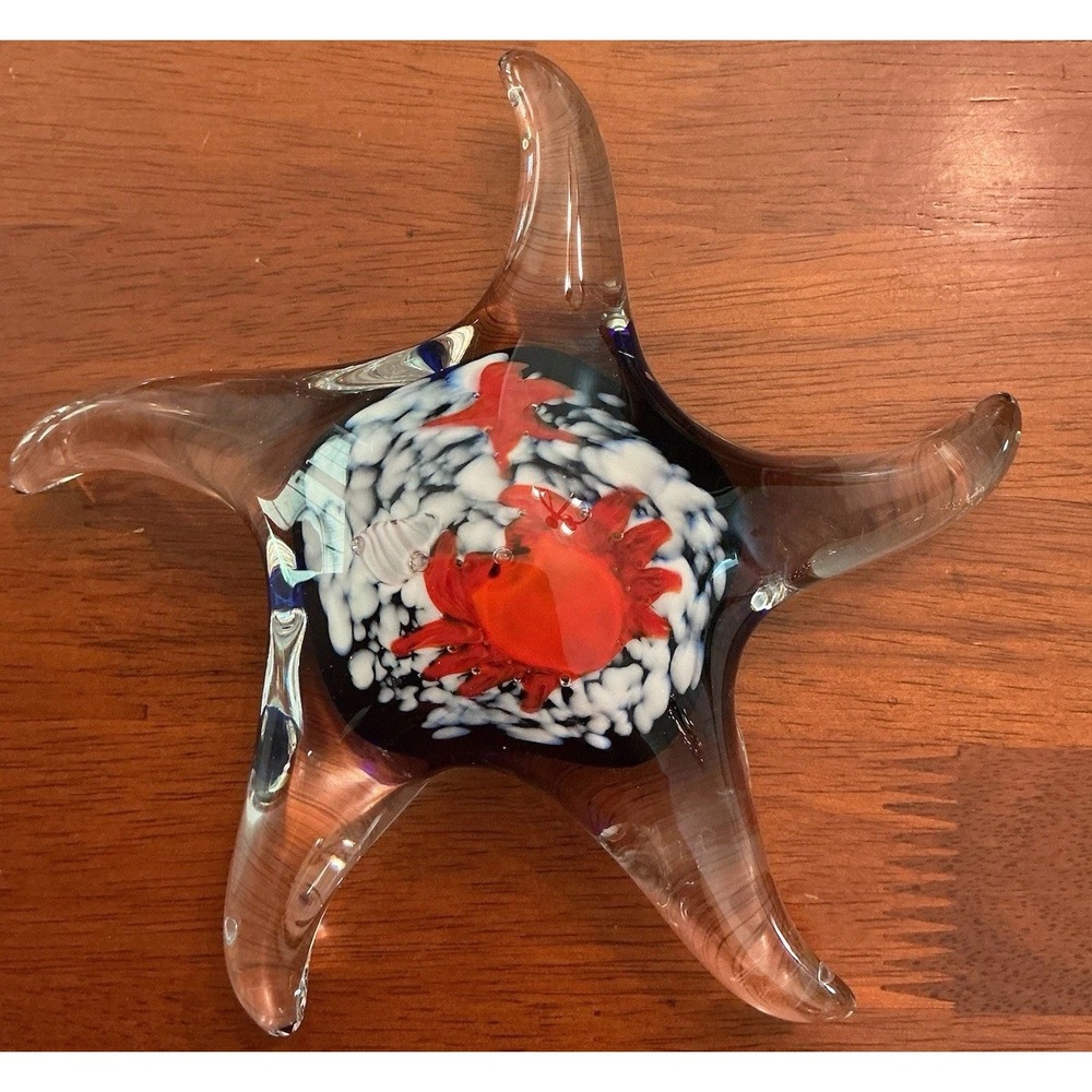 Vintage Murano Style Glass Starfish Shaped with Crabs Paperweight Art Glass